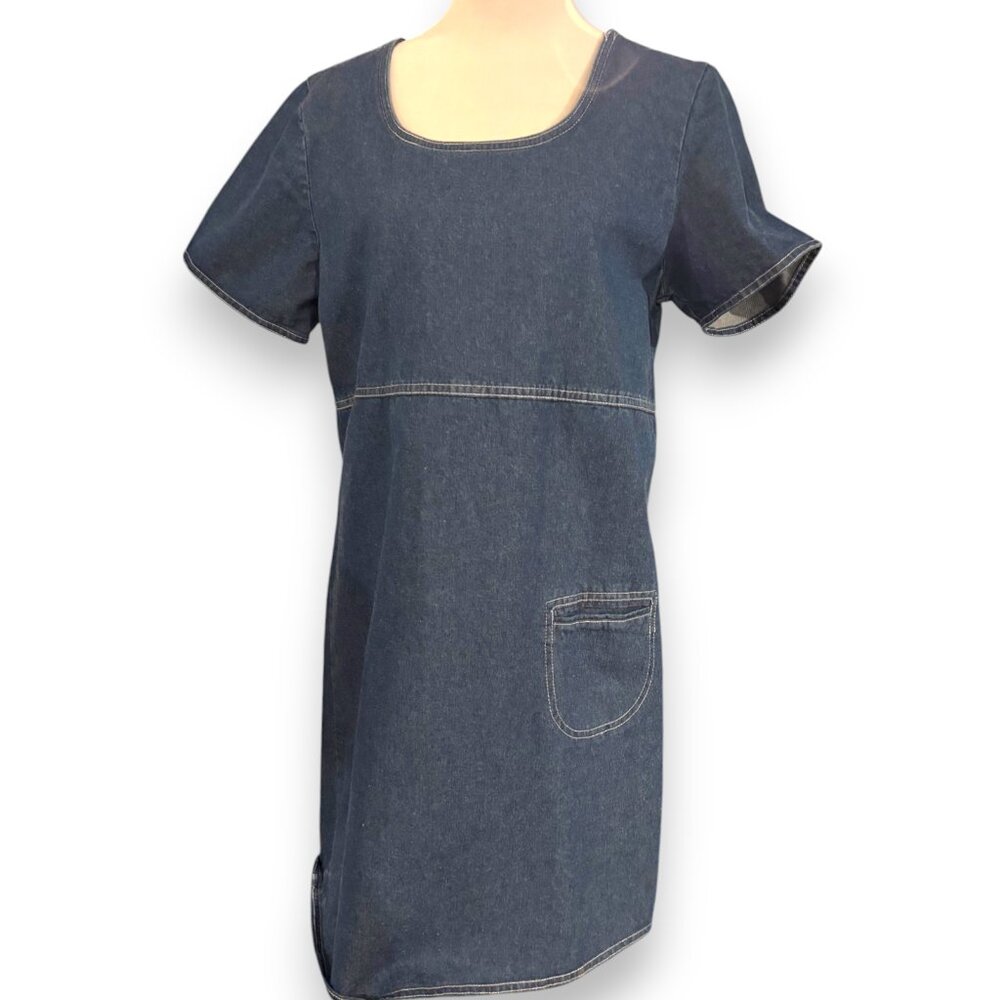 Studio 25 Vintage 90s blue jean denim short sleeve tunic dress front pocket sz M